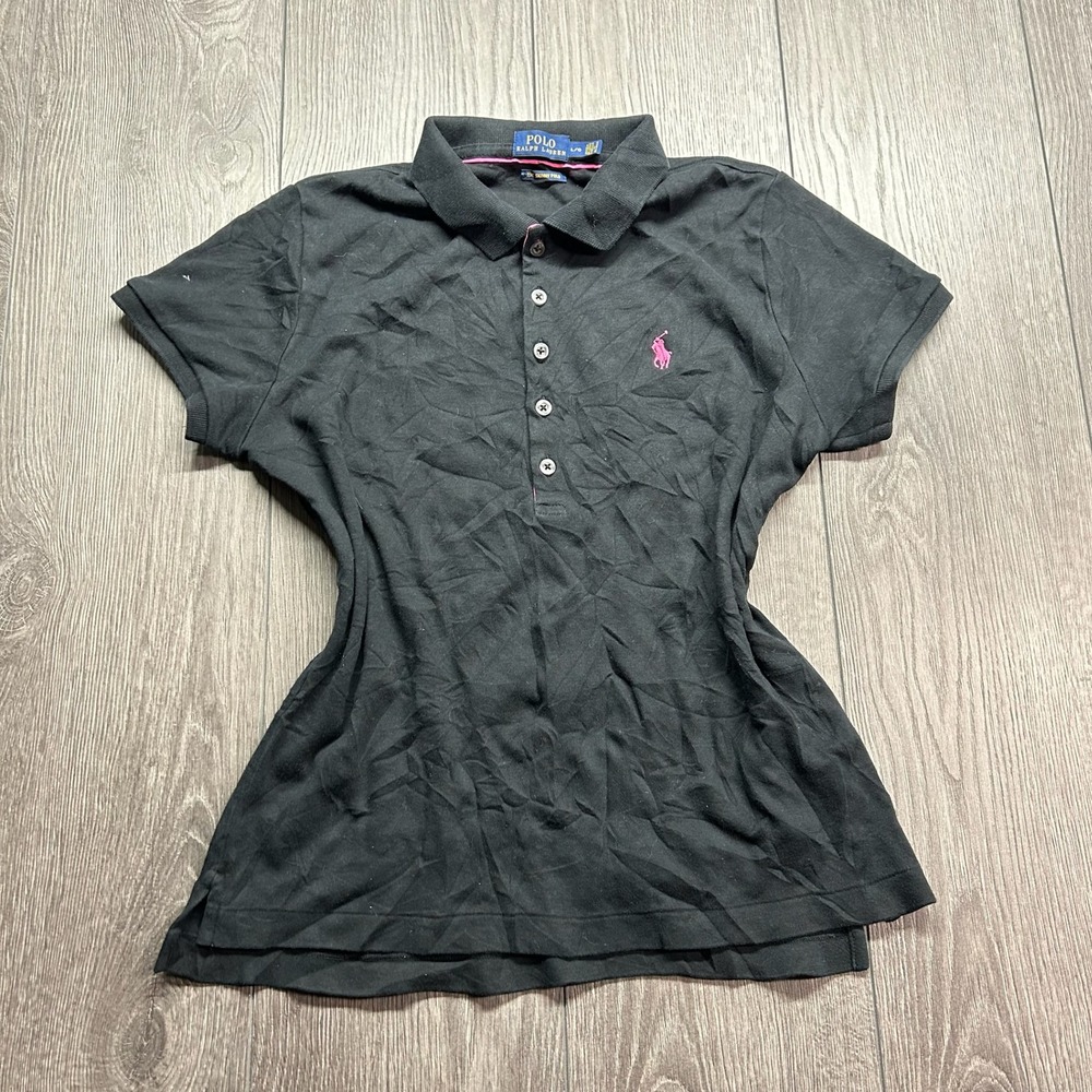 Polo Ralph Lauren The Skinny Polo Large Black Pink Pony Logo Y2K Vintage